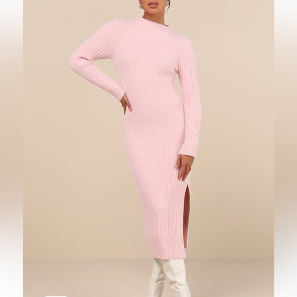 Light Pink Fuzzy Knit Midi Sweater Dress